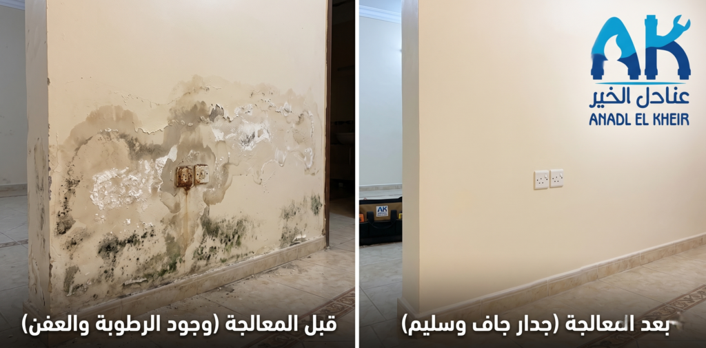 علامات تسرب المياه في الجدران بالمجمعة قبل وبعد المعالجة – عنادل الخير