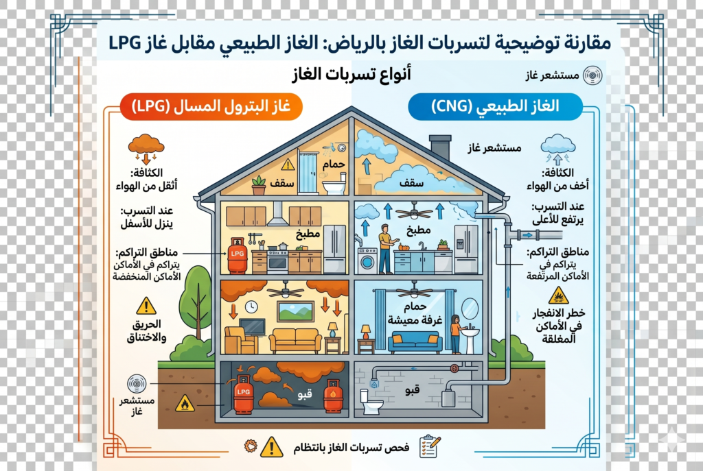 أنواع تسربات الغاز بالرياض – الغاز الطبيعي وغاز LPG مقارنة توضيحيةالحجم المقترح