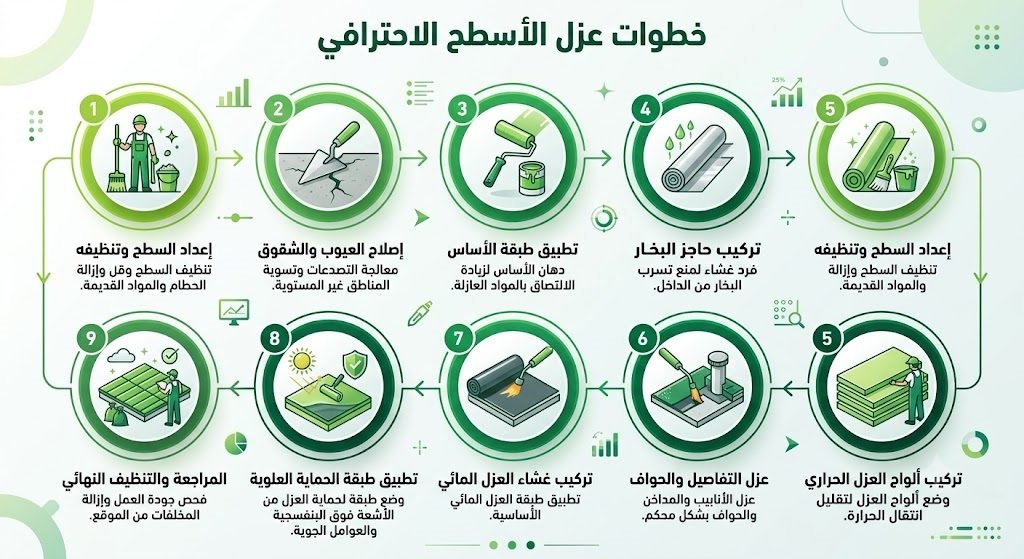 المراحل التسع لتنفيذ عزل اسطح بالرياض — من الفحص الميداني حتى الضمان المكتوب — شركة عنادل الخير للمقاولات
