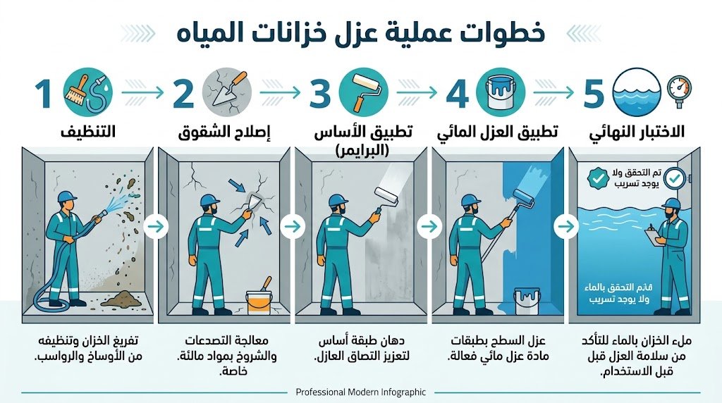 خطوات عزل خزانات المياه بالرياض من التنظيف وحتى الاختبار النهائي بشركة عنادل الخير