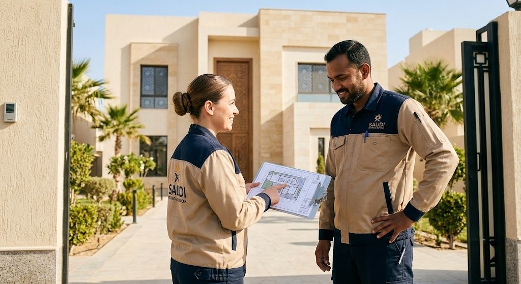 فريق عنادل الخير الهندسي يراجع مخطط تركيب كاميرات مراقبة لفيلا سعودية