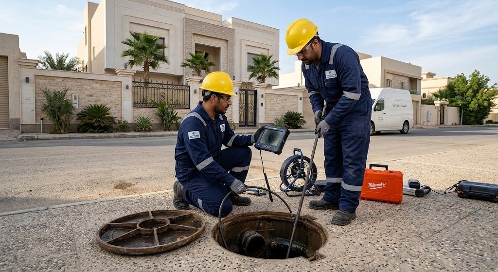 فريق فني يفحص شبكة الصرف الصحي في فيلا بحي الفيصلية بالدمام