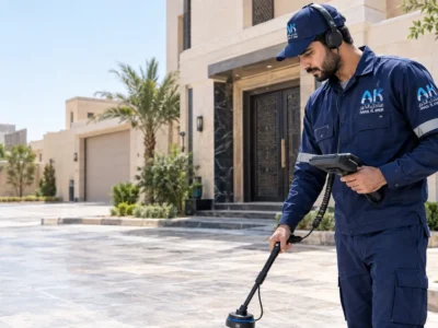 فني شركة عنادل الخير يستخدم جهاز كشف تسربات المياه بالرياض بدون تكسير أمام فيلا