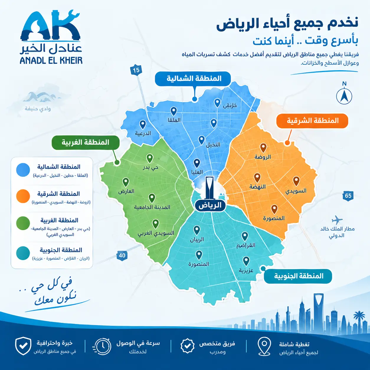 خريطة تغطية شركة كشف تسربات المياه بالرياض لأحياء الشمال والجنوب والشرق والغرب