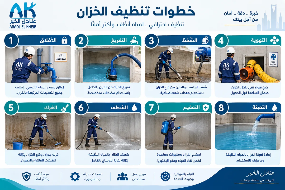خطوات شركة تنظيف وتعقيم خزانات المياه من التفريغ إلى التعبئة